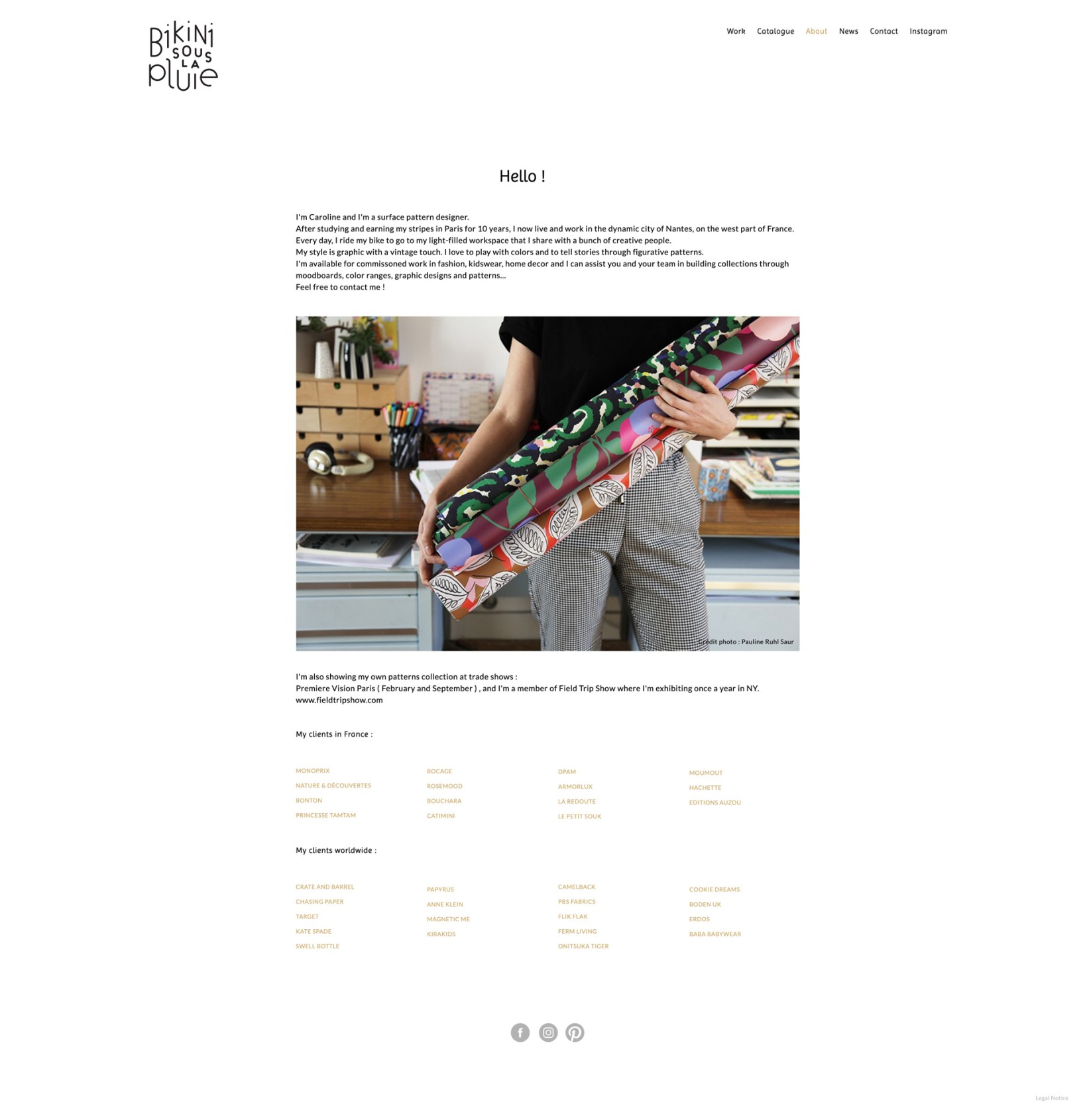 ⭐⭐⭐ Manu Lechat- Webdesigner, intégrateur, développeur Web freelance Webdesign et programmation du portfolio de pattern-design 'Bikini sous la pluie'. Réalisation d'un graphisme simple et intuitif. Mise en page responsive sur-mesure. L'ensemble du site est administrable via le cms Kirby. ⭐⭐⭐ Manu Lechat- Webdesigner, intégrateur, développeur Web freelance Webdesign et programmation du portfolio de pattern-design 'Bikini sous la pluie'. Réalisation d'un graphisme simple et intuitif. Mise en page responsive sur-mesure. L'ensemble du site est administrable via le cms Kirby.